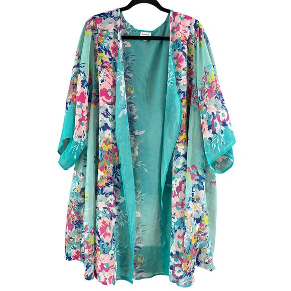 Avenue Women's Plus Size Blue White Pink Floral Open Front Kimono Size 26/28 4X - Picture 1 of 5